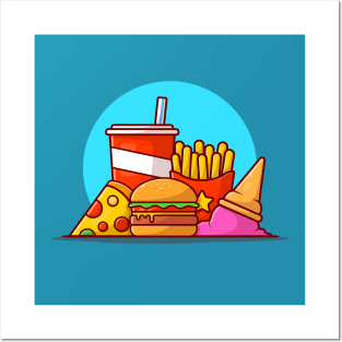 Burger, French Fries, Soft Drink, Pizza And Ice Cream Cone Cartoon Vector Icon Illustration Posters and Art